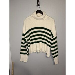 Madewell White Green Striped Wide Rib Turtleneck Sweater Women's XL